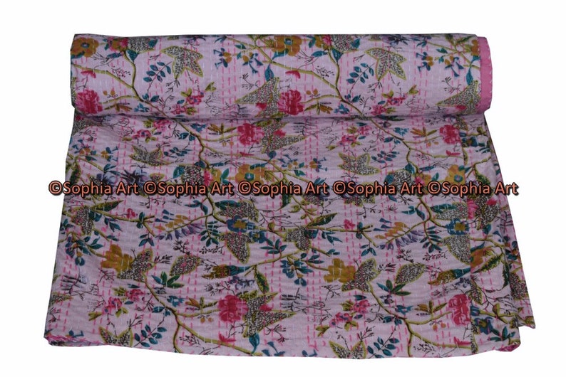 Indian Twin Gudri Handmade Quilt Vintage Orange Bird Of Paradise print Kantha spread Throw Cotton Blanket