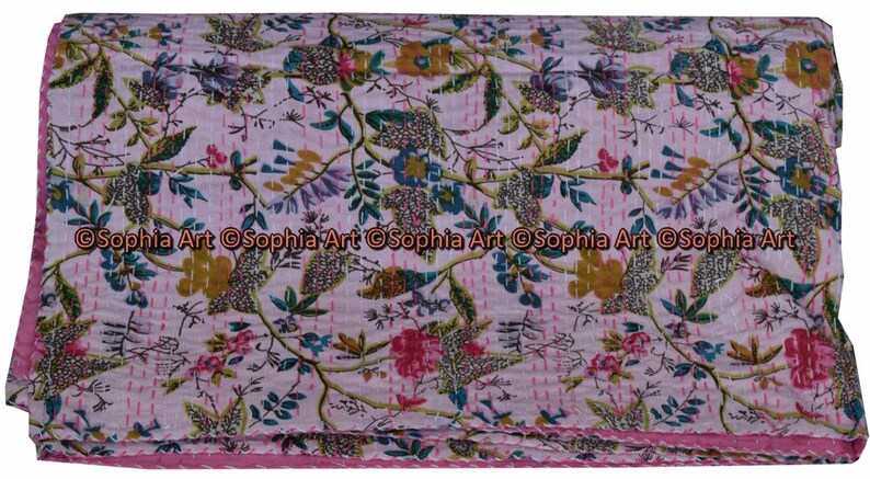 Indian Twin Gudri Handmade Quilt Vintage Orange Bird Of Paradise print Kantha spread Throw Cotton Blanket