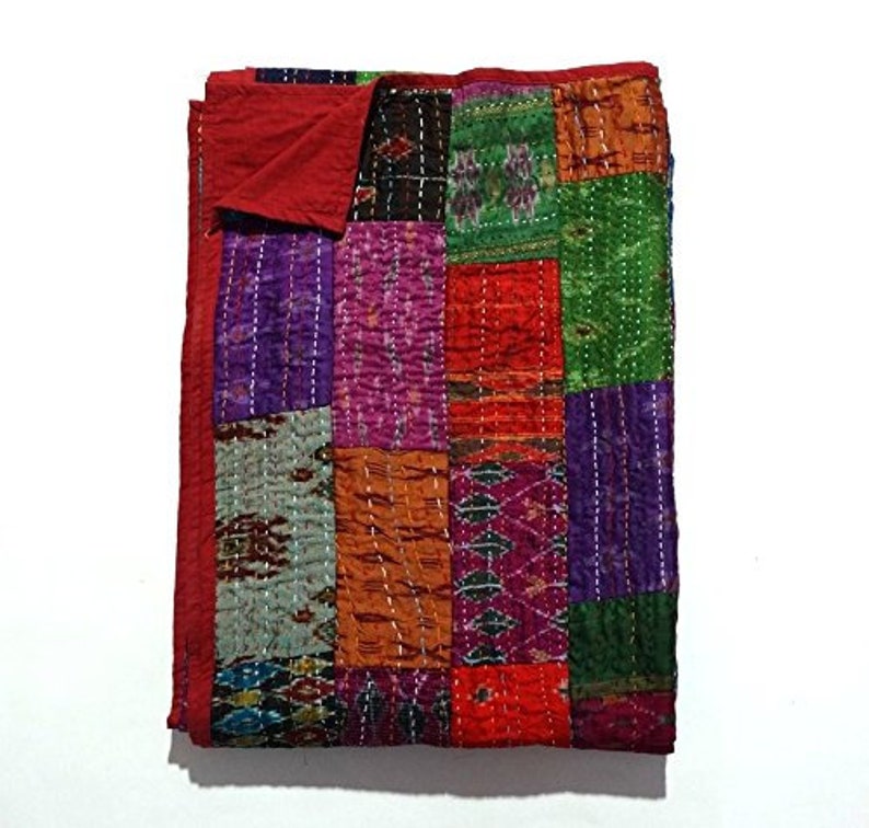 Charoli Enterprises Indian Queen Patola Silk Bedspread Silk Kantha Quilts Handmade Patchwork Reversible Quilts Black Patola Quilted Blanket 90 x 108 Inches