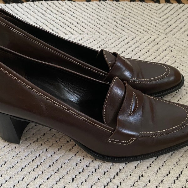 90's Brown Leather Block Heels, Italian Chunky Loafers with White Stitching  Round Toe Loafers Office Shoes Size EU 39