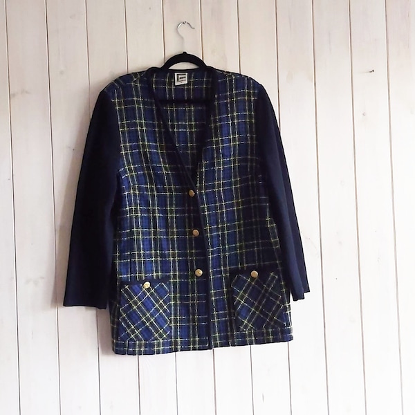 Vintage Сhanel Style Tweed Checkered Jacket, Dark Blue Chartreuse Wool V-neck Cardigan with Shoulder Pads Long Relaxed Fit Jacket  Size L