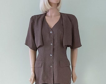 Vtg 80s Fitted Polka Dot Top Beige Taupe Shirt Size S-M