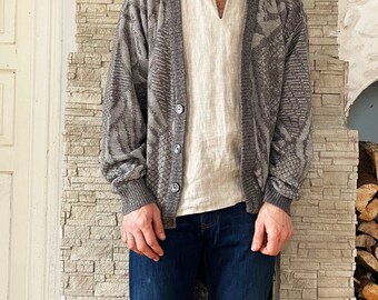 Cárdigan de lana vintage, suéter unisex de punto en colores neutros, jersey de mezcla de lana de los años 90, cárdigan estampado de abuelo y abuela, talla M-L