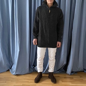 Vtg Norway Wool Polo Zip Sweater Chunky Knitt Dark Gray Mock Neck Longsleeve Size XL