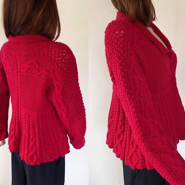 Vtg Hand Knitted Chunky Knit Red Cardigan, Braded Collared Sweater, Fisherman Jumper Cable Knit Peplum Flared Сardigan Size S