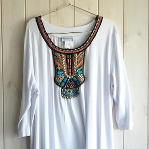 Vintage White Long Ethnical Tunic Embroidered Beaded Blouse Relaxed Fit Hippie Festival Dress Size EU 48 UK 18 US 16