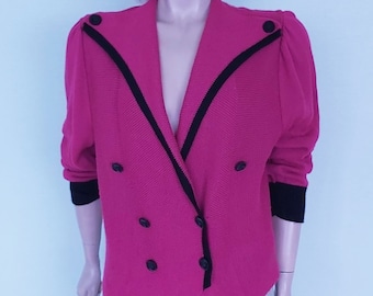 Vintage 80s Double Breasted Cardigan Wool Blend Knitted Puff Sleeves Sweater Fuchsia Cardigan Asymmetric Large Lapels Top Size L