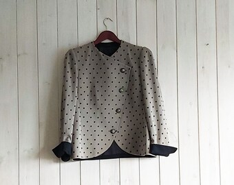 Vintage 80s Fitted Polka Dot Jacket Akris Asymmetric Wool Chic Blazer Size L