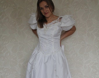 Vintage Puff Sleeves Satin Wedding Dress, Glamorous Embroidered Gown, Balloon Sleeves Beaded Wedding Dress Size S