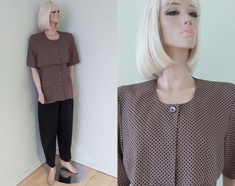 Vtg 80s Fitted Polka Dot Top Beige Taupe Shirt Size S-M