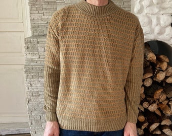 Vintage Unisex Wool Blend Patterned Sweater, Multicolor Relaxed Fit Knitted Pullover, Beige Cottagecore Jumper Size L-XL