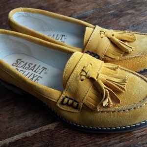Vintage Leather Moccasin Loafers Yellow  Slip On Tassel Fringe Suede Slippers Summer Loafers Mustard Moccasin Insole 9.25&quot;