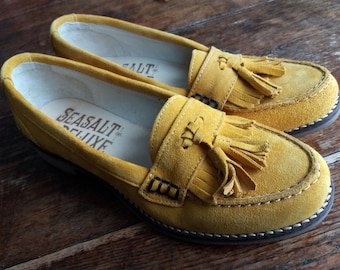 Vintage Leather Moccasin Loafers Yellow  Slip On Tassel Fringe Suede Slippers Summer Loafers Mustard Moccasin Insole 9.25"