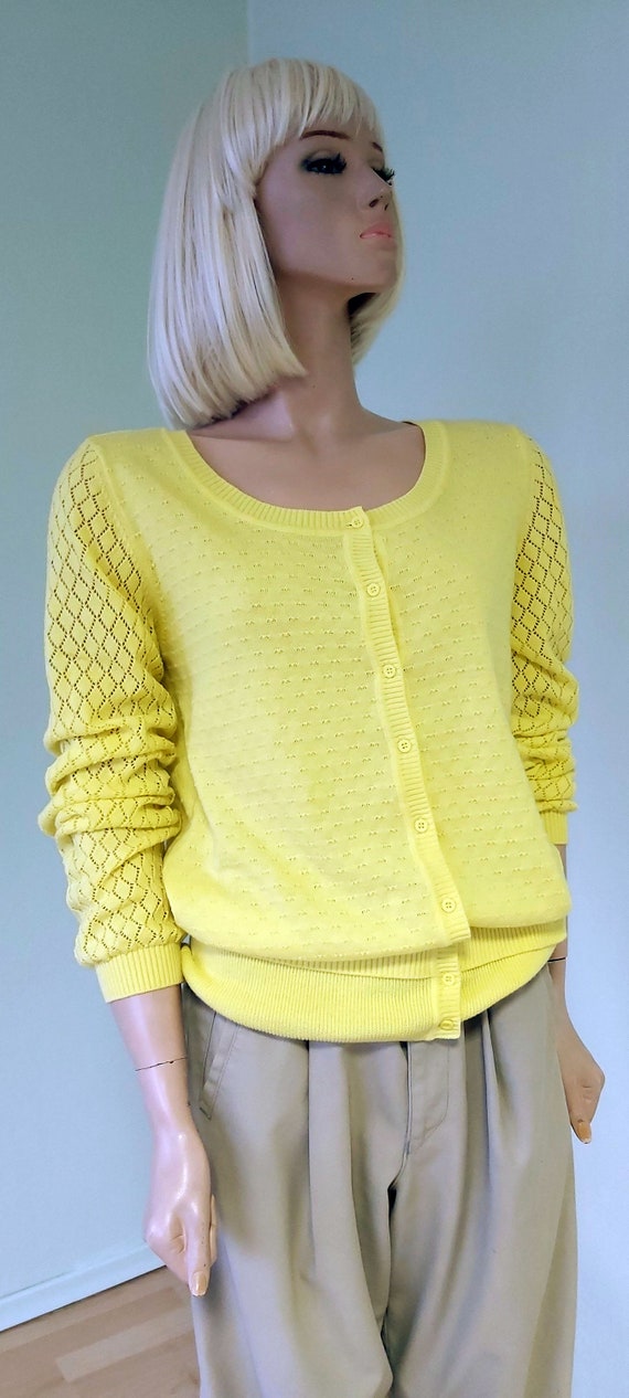 Vintage Yellow Openwork Knitted Cardigan Patterne… - image 3