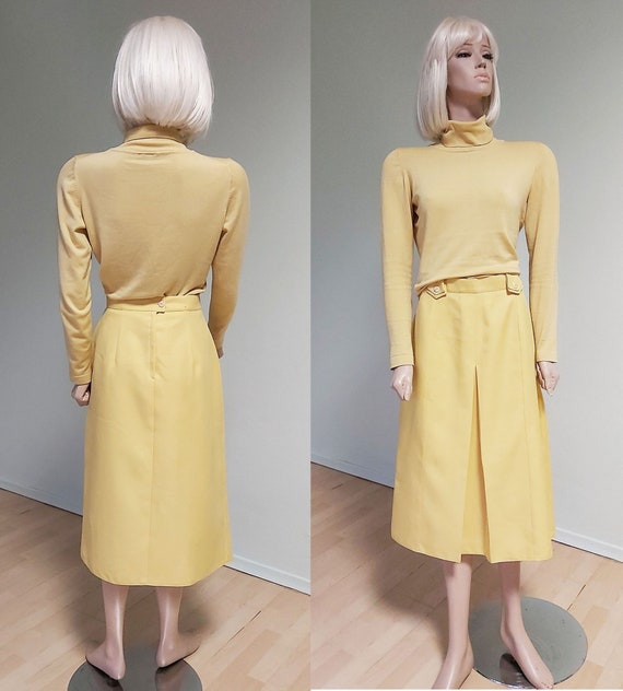 Vintage 80s Yellow Midi A-line Skirt Flax Look Hi… - image 1