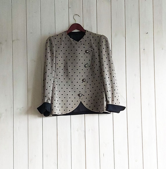 Akris, Vintage 80s Fitted Polka Dot Jacket Akris Asymmetric Wool Chic Blazer Size L