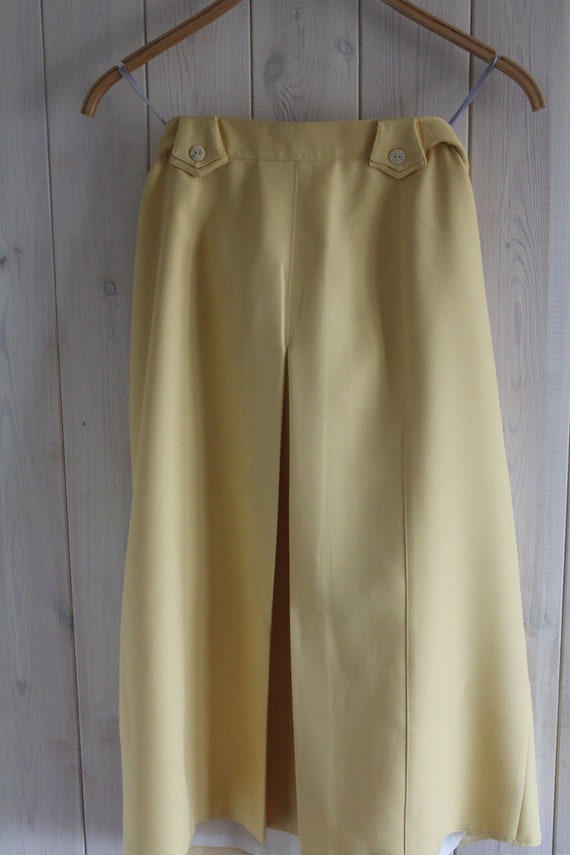 Vintage 80s Yellow Midi A-line Skirt Flax Look Hi… - image 2