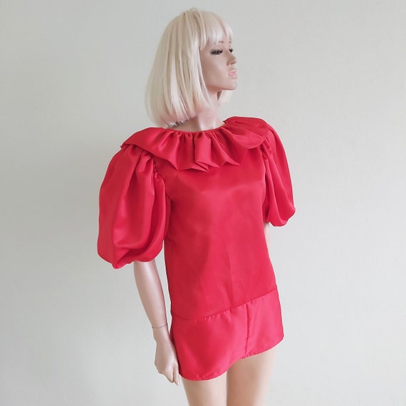 Vintage Red Satin Puff Sleeve Ruffles Dress Set L… - image 9