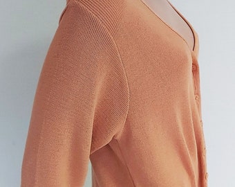 Vintage Knitted Long Italian Pastel Cardigan Cotton Sweater V-neck Peach Orange Button up Relaxed Fit Cardigan Size M