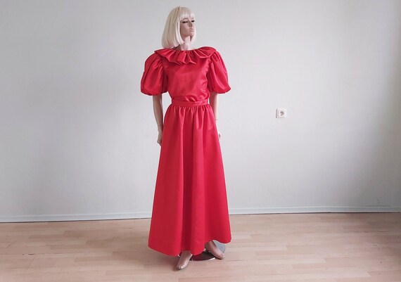 Vintage Red Satin Puff Sleeve Ruffles Dress Set Lo