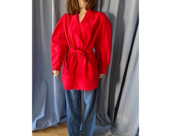 Vtg Red Silk Kimono style Blazer with Puff Sleeves, Size L-XL