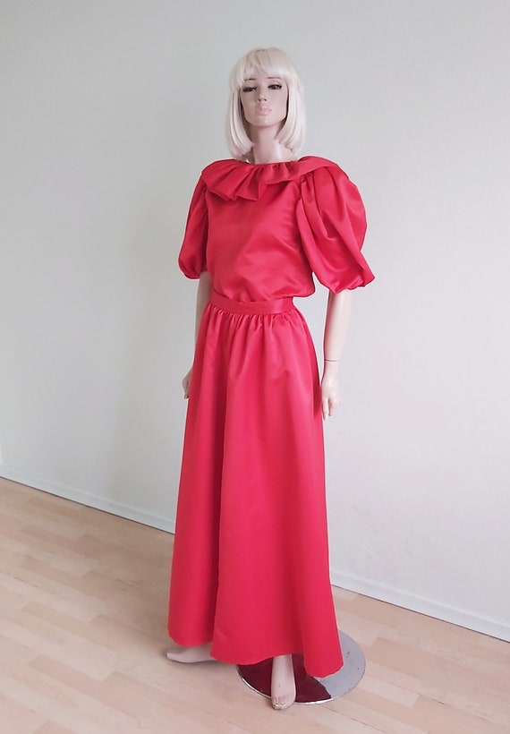 Vintage Red Satin Puff Sleeve Ruffles Dress Set L… - image 8
