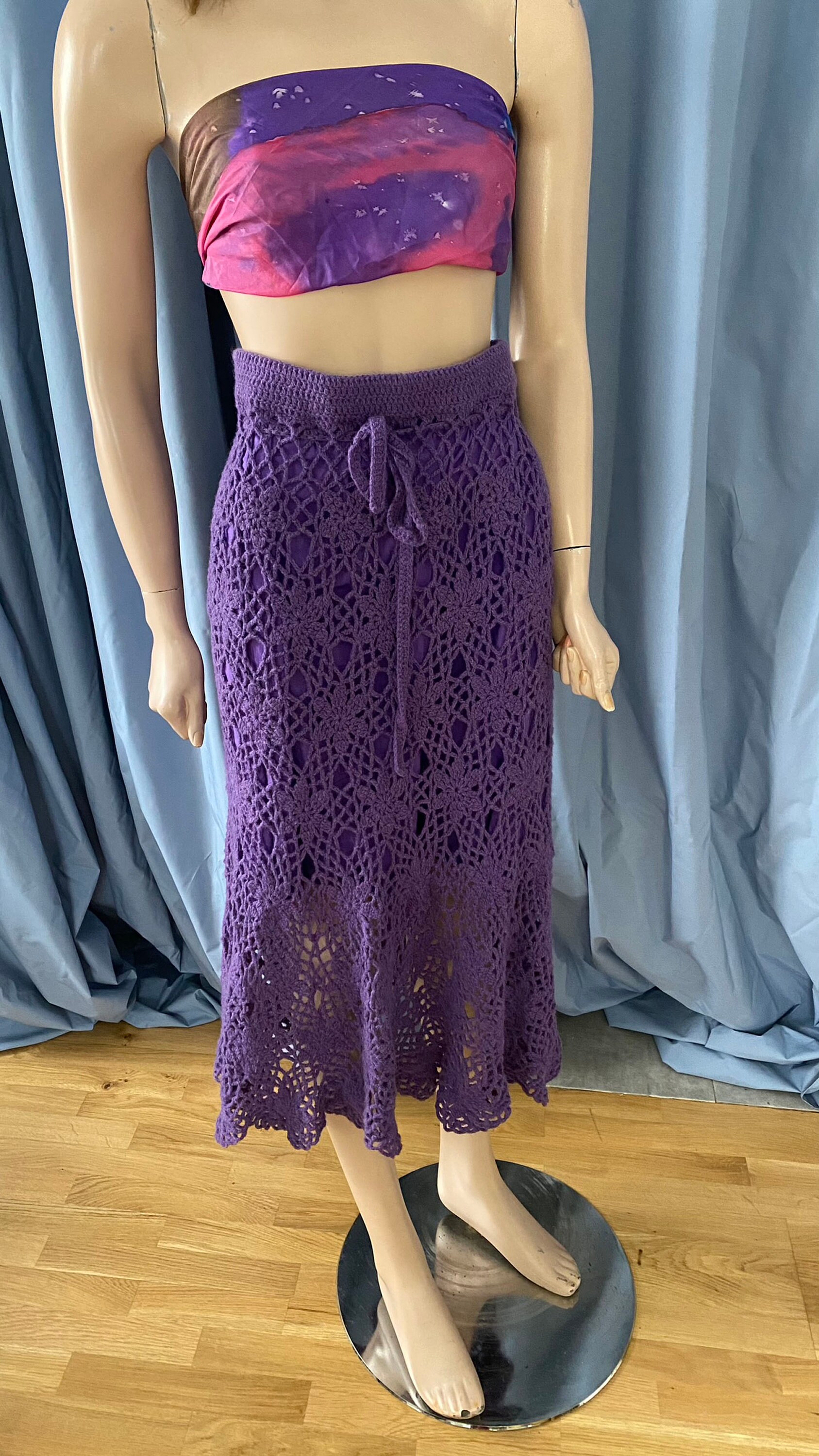 Y2K Purple Crochet Knited Mermaid Skirt Bohemian Wool Maxi Skirt Size L, UK 14, EU 42, US 12