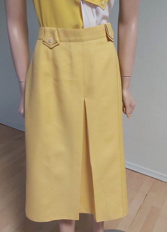 Vintage 80s Yellow Midi A-line Skirt Flax Look Hi… - image 3