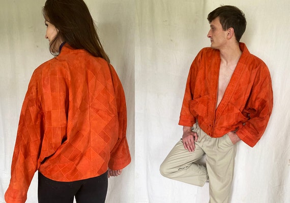 80s Orange Patchwork Bomber Jacket Suede Oversized J Gem