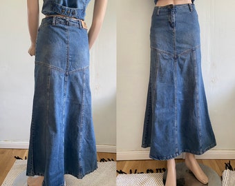 Vtg Y2K Blue Denim Long Godet Skirt, Size XS-S,  D-32, NL-32, GB-6, F-34, I-38