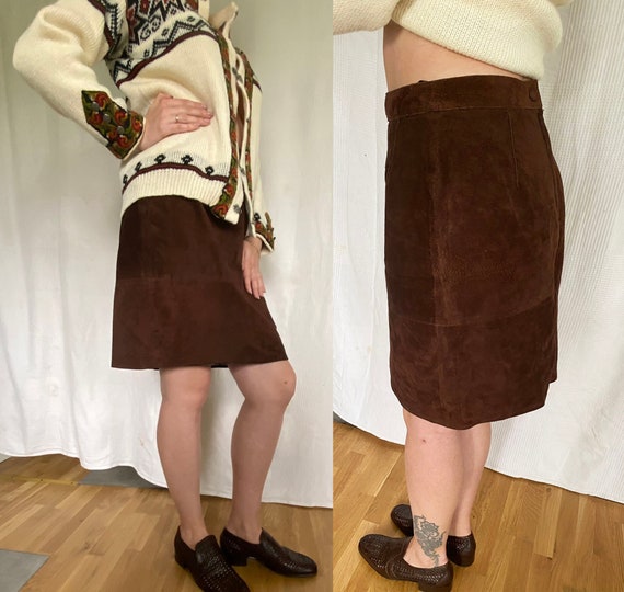 Brown Suede Leather Flower Skirt (L)