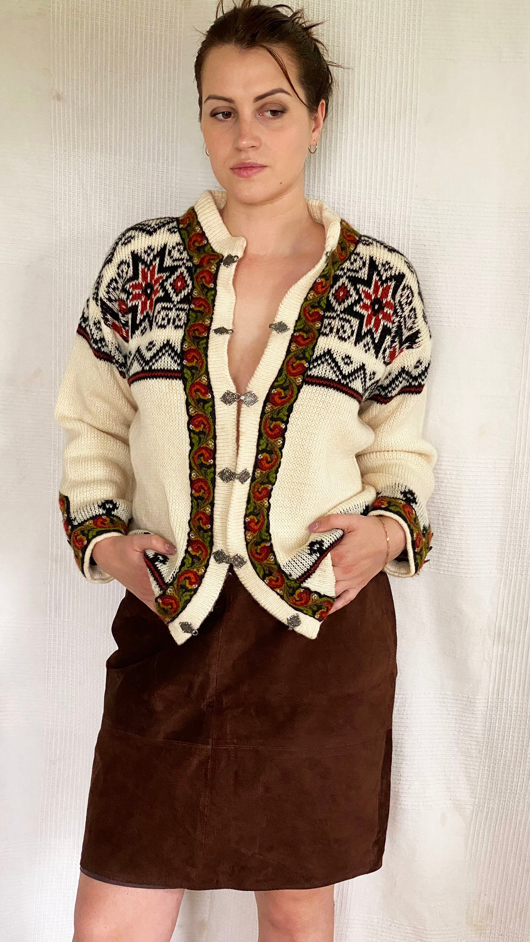 Cardigan Vintage NORDIC NORWAY Femme - Laine Motifs Fair Isle - Taille M (40) - Très Bon état