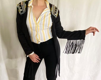 Vtg Blazer with Fringe and Beading, Festival Vegan Suede Gray Blazer Size S