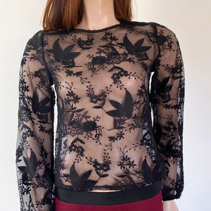 Vintage Sheer Long Sleeve Top, See Through Black Embroidered Long Sleeve, Patterned Mesh Blouse Clubbing Festival Size XS