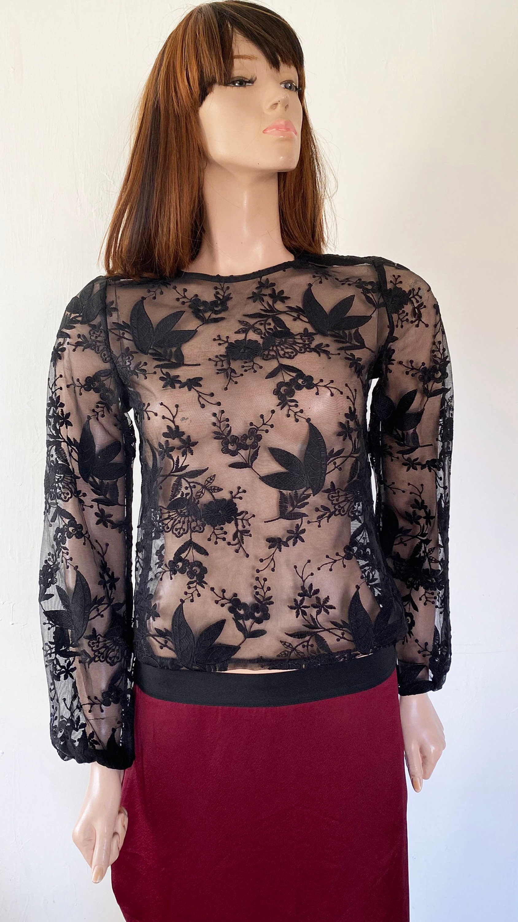 Vintage Sheer Long Sleeve Top, See Through Black Embroidered