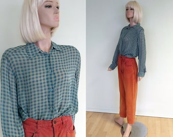 Vintage Viscose Blue Сhecked Shirt Geometric Print Relaxed Fit Multicolor Blouse Size M-L