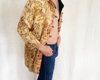 80s Ivory Tapestry Coat with Velvet Collar and Wood Toggle Fastenings, Bohemian Chic Coat Size M