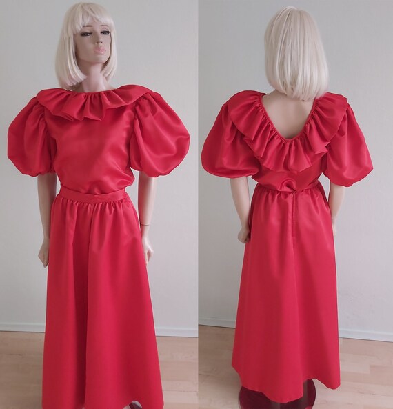 Vintage Red Satin Puff Sleeve Ruffles Dress Set L… - image 3