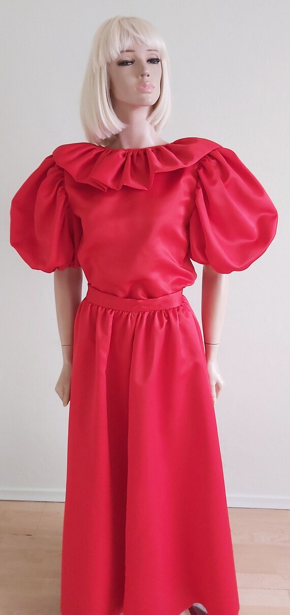 Vintage Red Satin Puff Sleeve Ruffles Dress Set L… - image 5