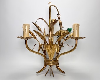 Lustre en or Mid-Century / Suspension vintage / Lampe en métal doré / Lampe à suspension / Plafonnier / Lustre à trois bras / France / Années 50
