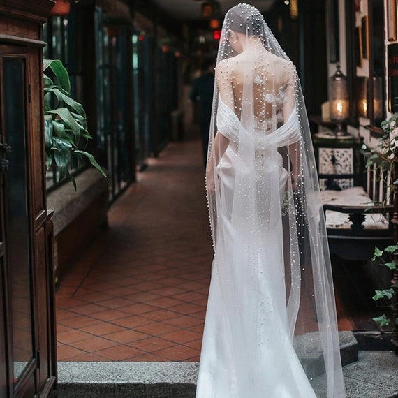 Pearl Cathedral Wedding Veil, Elegant Bridal Veil, Ivory Veil