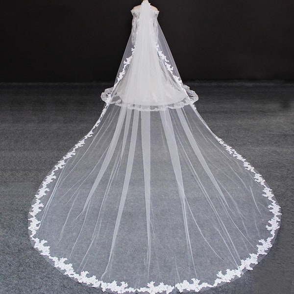 Long 5 Meters Lace Edge Wedding Veil with Comb One Layer 5M White Ivory Bridal Veil Voile Mariage