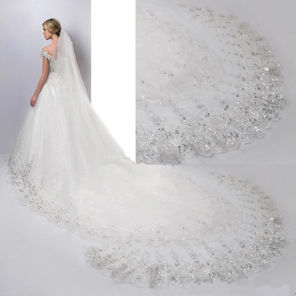 4 mètres Ivoire / Voiles nuptial blancs Dentelle Bord Tulle Bling Seuqins Cathédrale Voile de mariage Long Veu de Noiva Accessoires de mariage