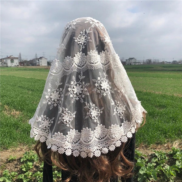 Encaje blanco de mujer Velo católico Mantilla para la cabeza de la iglesia Cubierta Bufanda 3D Misa de flores Voile Shawl Kerchief Dentelle Infinity