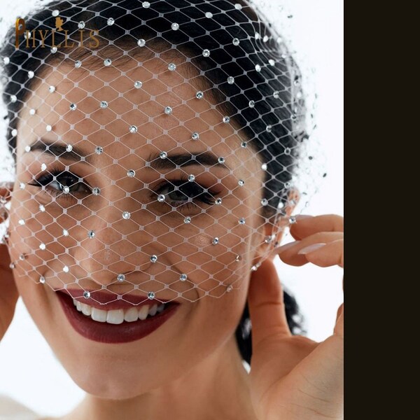 Rhinestone Women's Fascinating Veil Retro Charming Hat Bridal Veil with Headhoop Birdcage Wedding Women’s Fascinator Veil