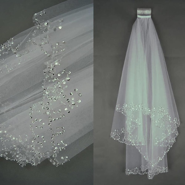 Weißer oder ivory Kurzer Brautschleier mit Kristallrand mit Kamm 2 Perlen Brautschleier