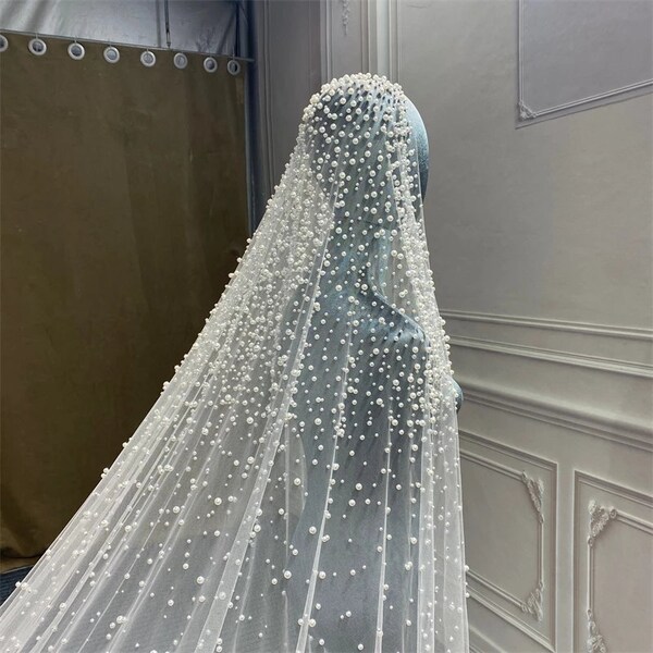 Luxury Cathedral Bridal Veil 1 Tier Long Wedding Pearl Veil with Different Size of Pearls Delicate Nail Bead Veu