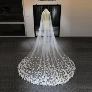 NEW Bridal Veil Long Wedding Veil 3D Flowers Floral Lace White Luxurious Veil for Bride With Comb velos de novia Cathedral