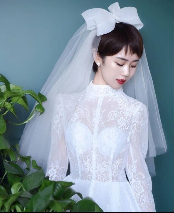 Bow Wedding Veil Short Soft Tulle Bridal Veils Two Layer Cheap