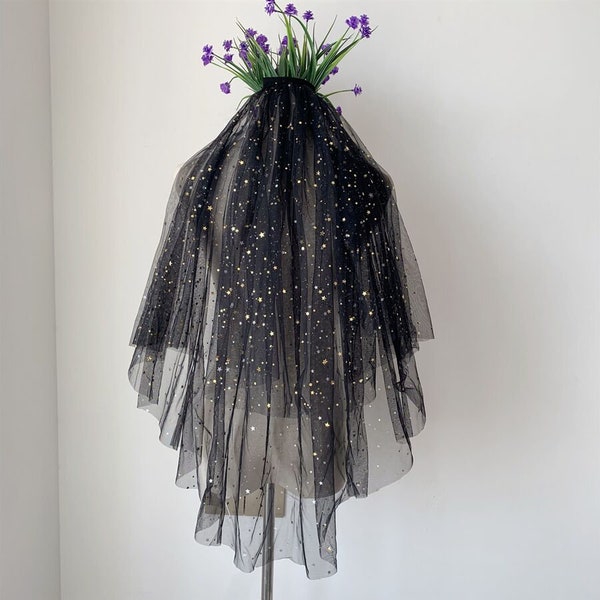 Black Tulle With Gold Star Shining Wedding Veils 2 Layer with Blusher Comb Bridal Headdress Welony ślubne